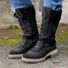Large-size mid-leg women's boots new winter round head square heel leather buckle wool splicing Martens boots