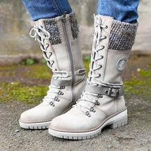 Large-size mid-leg women's boots new winter round head square heel leather buckle wool splicing Martens boots